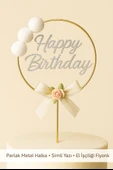 Altın Halkalı Simli “Happy Birthday” Pasta Süsü – Ponponlu ve Fiyonklu Doğum Günü Süsü thumbnail 3