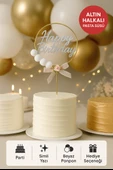 Altın Halkalı Simli “Happy Birthday” Pasta Süsü – Ponponlu ve Fiyonklu Doğum Günü Süsü thumbnail 1