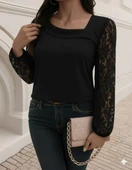 MDB Kadın Uzun Kollu Asimetrik Yakalı Dantelli Ithal Krep Bluz thumbnail 1