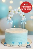 Mavi Ponponlu Pasta Süsü – Fiyonklu ve Yıldız Detaylı Cake Topper | Doğum Günü & Parti Süsü thumbnail 1
