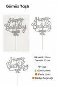 Gümüş Taşlı Happy Birthday Pasta Süsü – Parlak Metal Yazı, Işıltılı Doğum Günü Dekoru thumbnail 4