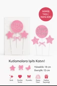 Pembe Simli Happy B-day Pasta Süsü – Fiyonklu ve Yıldız Figürlü 3’lü Cake Topper Seti thumbnail 2
