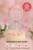 Pembe Simli Happy B-day Pasta Süsü – Fiyonklu ve Yıldız Figürlü 3’lü Cake Topper Seti thumbnail 1