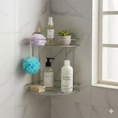 Banyo Duş Köşe Rafı İki Katlı Krom Paslanmaz Metal Şampuanlık Duvar Montajlı Düzenleyici Raf Seti thumbnail 1