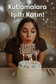Gümüş Taşlı Happy Birthday Pasta Süsü – Parlak Metal Yazı, Işıltılı Doğum Günü Dekoru thumbnail 2