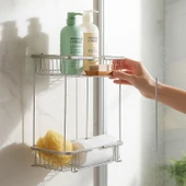 Kare İki Katlı Krom Banyo Şampuanlık Tasarım Çift Kat Duş Rafı Paslanmaz Metal Duvar Organizeri thumbnail 5