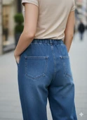 Kadın Beli Lastikli Kot Pantolon Bağcıklı Jogger Model Rahat Kesim Mavi Denim Jean thumbnail 6