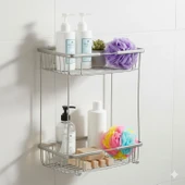Kare İki Katlı Krom Banyo Şampuanlık Tasarım Çift Kat Duş Rafı Paslanmaz Metal Duvar Organizeri thumbnail 1