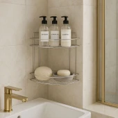 Banyo Duş Köşe Rafı İki Katlı Krom Paslanmaz Metal Şampuanlık Duvar Montajlı Düzenleyici Raf Seti thumbnail 2