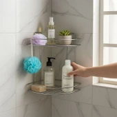 Banyo Duş Köşe Rafı İki Katlı Krom Paslanmaz Metal Şampuanlık Duvar Montajlı Düzenleyici Raf Seti thumbnail 3