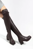 767-3010 Kahve Streç Günlük Kalın Topuklu Kadın Çizme thumbnail 3