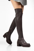 767-3010 Kahve Streç Günlük Kalın Topuklu Kadın Çizme thumbnail 2