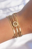 316L Çelik Gold Renk İtalyan Zincir Detaylı Zirkon Taşlı Yaşam Ağacı Tasarımlı Çoklu Bileklik thumbnail 2