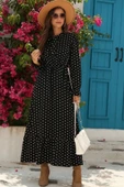 MDB Kadın Uzun Kollu Yakası Bağcıklı Uzun Puantiyeli Krep Maxi Elbise thumbnail 3