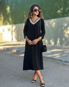 Lucky Life Kadın Uzun Kollu V şerit Yakalı Viskon Iki Iplik Elbise thumbnail 3