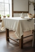 YUNUSOĞLU HOME Fırfırlı Krem Pamuklu Masa Örtüsü Şık ve Zarif Tasarım thumbnail 2