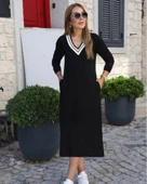 Lucky Life Kadın Uzun Kollu V şerit Yakalı Viskon Iki Iplik Elbise thumbnail 9