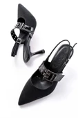 İNF-260 Siyah Simli Günlük Arkası Açık Baret Tokalı Topuklu Bayan Ayakkabı thumbnail 3