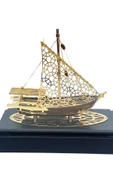 Pirinç Yelkenli Gemi Altın Kaplama Katar Dhow Teknesi Deri Kutulu 23cm No.2 thumbnail 7