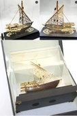 Pirinç Yelkenli Gemi Altın Kaplama Katar Dhow Teknesi Deri Kutulu 23cm No.2 thumbnail 10