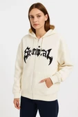 Kadın Oversize Kapüşonlu Sweatshirt Hoodie 3 İplik Şardonlu Pamuklu Kumaş, Önü Baskılı, Fermuarlı Rahat Kalıp, Kışlık ve thumbnail 5