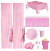 Pembe Masa Örtüsü, Pembe Masa Eteği, 2 Pembe Fon, 8 Pembe Tabak, 8 Pembe Bardak, 8 Pembe Mısır Kutusu, 10 Pembe Çatal, 10 Pembe Peçete thumbnail 1