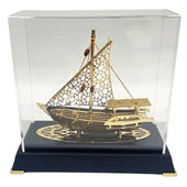 Pirinç Yelkenli Gemi Altın Kaplama Katar Dhow Teknesi Deri Kutulu 23cm No.2 thumbnail 1