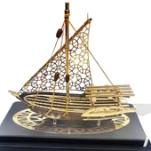 Pirinç Yelkenli Gemi Altın Kaplama Katar Dhow Teknesi Deri Kutulu 23cm No.2 thumbnail 4