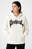 Kadın Oversize Kapüşonlu Sweatshirt Hoodie 3 İplik Şardonlu Pamuklu Kumaş, Önü Baskılı, Fermuarlı Rahat Kalıp, Kışlık ve thumbnail 1