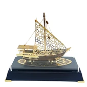 Pirinç Yelkenli Gemi Altın Kaplama Katar Dhow Teknesi Deri Kutulu 23cm No.2 thumbnail 2