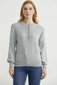Yarım Düğmeli Yuvarlak Yaka Triko Kazak - Açık Gri thumbnail 2