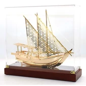 Pirinç Yelkenli Gemi Altın Kaplama Katar Dhow Teknesi Kutulu 29cm No.1 thumbnail 3