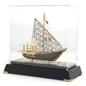 Pirinç Yelkenli Gemi Altın Kaplama Katar Dhow Teknesi Deri Kutulu 23cm No.2 thumbnail 3