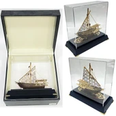 Pirinç Yelkenli Gemi Altın Kaplama Katar Dhow Teknesi Deri Kutulu 23cm No.2 thumbnail 5