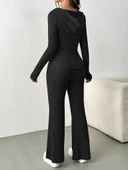 Kadın Uzun Kollu Kapşonlu önden Fermuarlı Kaşkorse Bluz Ve Pantolon Ikili Takım thumbnail 3