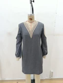 Kadın Uzun Kollu Omuzdan Açık V Dantel Yakalı Mini Waffle Elbise thumbnail 6