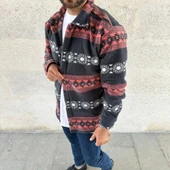 Erkek Desenli Polar Gömlek – Etnik Şerit Desen Yakalı, Uzun Kollu, Düğmeli, Oversize Rahat Kalıp - Füme thumbnail 3