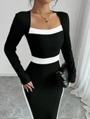 Kadın Uzun Kollu Geometrik Yaka Midi Ithal Krep Elbise thumbnail 3