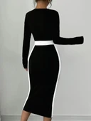 Kadın Uzun Kollu Geometrik Yaka Midi Ithal Krep Elbise thumbnail 2