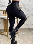 Kadın Yüksek Bel çapraz Bağcıklı Tül Detaylı Dalgıç Tayt thumbnail 3