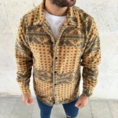 Erkek Desenli Düğmeli Polar Gömlek – Hardal Paisley Desen Yakalı, Uzun Kollu, Oversize Rahat Kalıp - Sarı thumbnail 2