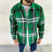 Erkek Ekose Desenli Düğmeli Polar Yakalı Uzun Kollu Gömlek Oversize Rahat Kalıp - Yeşil thumbnail 2