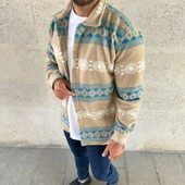 Erkek Desenli Polar Gömlek – Etnik Şerit Desen Yakalı, Uzun Kollu, Düğmeli, Oversize Rahat Kalıp - Sarı thumbnail 4