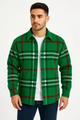 Erkek Ekose Desenli Düğmeli Polar Yakalı Uzun Kollu Gömlek Oversize Rahat Kalıp - Yeşil thumbnail 1