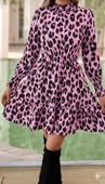 Kadın Uzun Kollu Yarı Balıkçı Yaka Leopar Desenli Modal Mini Elbise thumbnail 1