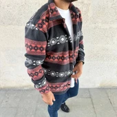 Erkek Desenli Polar Gömlek – Etnik Şerit Desen Yakalı, Uzun Kollu, Düğmeli, Oversize Rahat Kalıp - Füme thumbnail 2