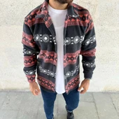 Erkek Desenli Polar Gömlek – Etnik Şerit Desen Yakalı, Uzun Kollu, Düğmeli, Oversize Rahat Kalıp - Füme thumbnail 4