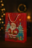 ( 2 Adet ) Noel Baba Desenli Hediye Çantası Kırmızı Yılbaşı Hediye Poşeti 25x30x9 Christmas thumbnail 2