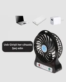 USB Girişli Taşınabilir Masaüstü Mini Fan – 3 Kademeli Hız, Şarjlı, Işıklı, Sessiz Çalışma thumbnail 2