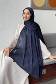İSTANBULSTYLEMODA Abiye Janjan Parlak Saten Dokulu Tesettür Abiye Şifon Lacivert Şal thumbnail 1